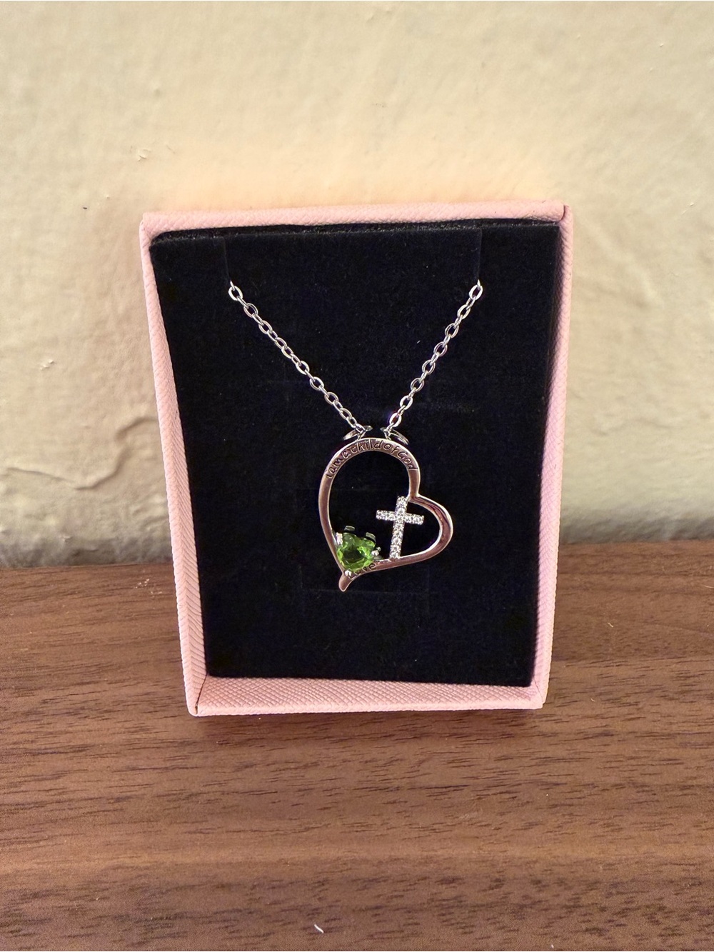 I Am a Child of God Heart Cross Necklace Green Stone Christian Jewelry